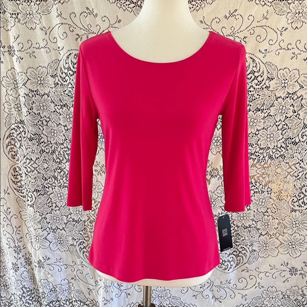 Clara Sun Woo Vibrant Pink Back Twist soft knit Scoop neck reversible 3/4 sleeve